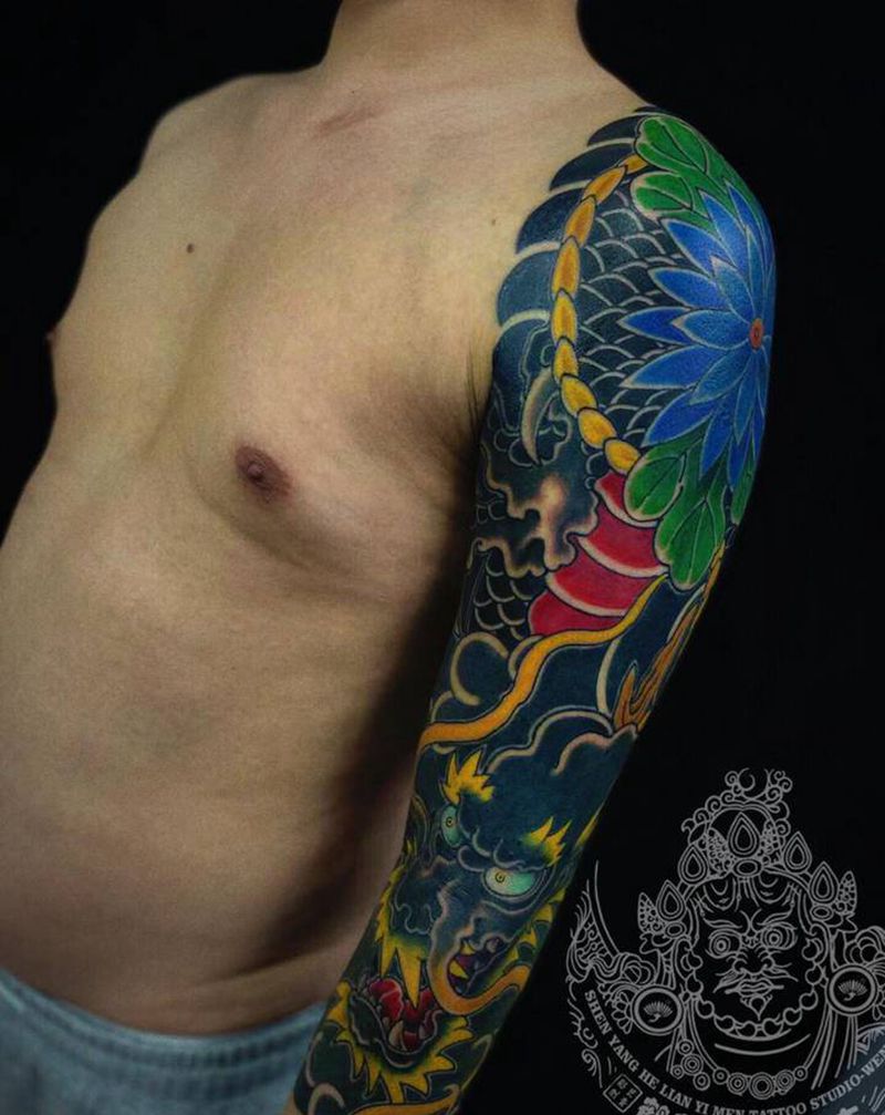 七分袖遮盖纹身图片_手臂老传统纹身图案