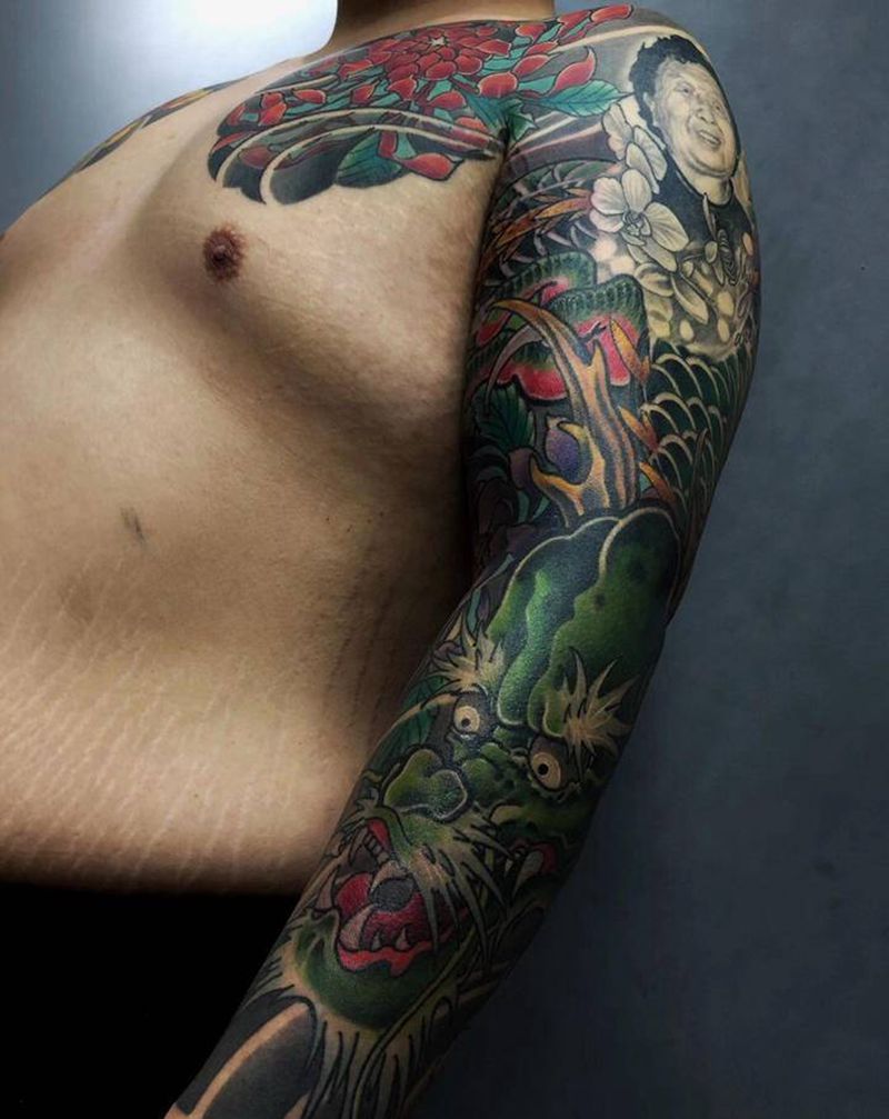 花臂纹身图片_手臂新传统纹身图案