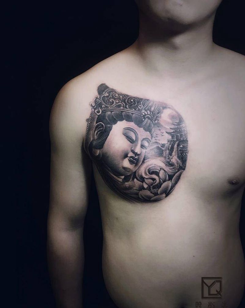 佛纹身图片_胸部新传统佛文殊菩萨普贤菩萨纹身图案