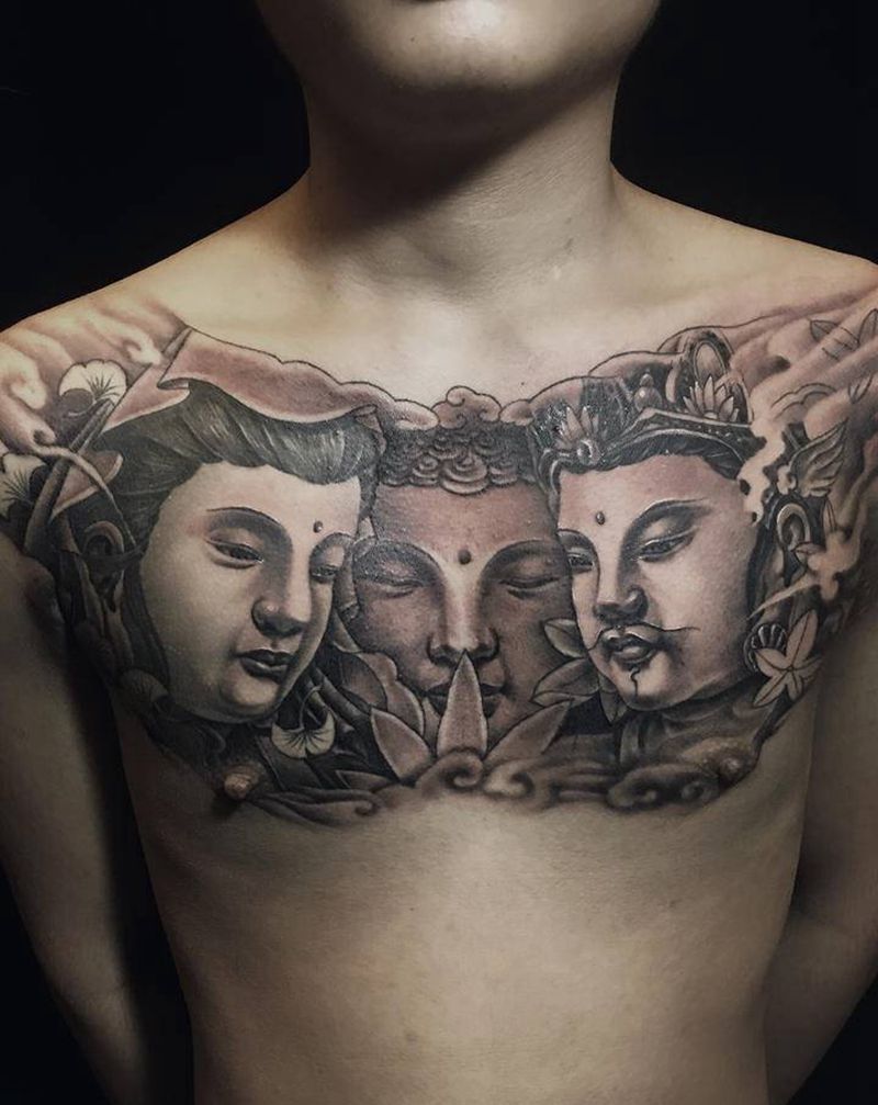 三面佛华西三圣纹身图片_胸部新传统花胸三面佛华西三圣纹身图案