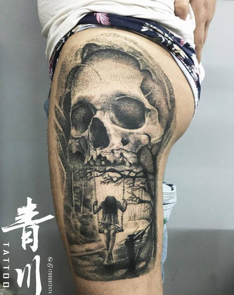 暗黑，欧美骷髅点刺作品纹身图片_腿部欧美写实点刺纹身图案