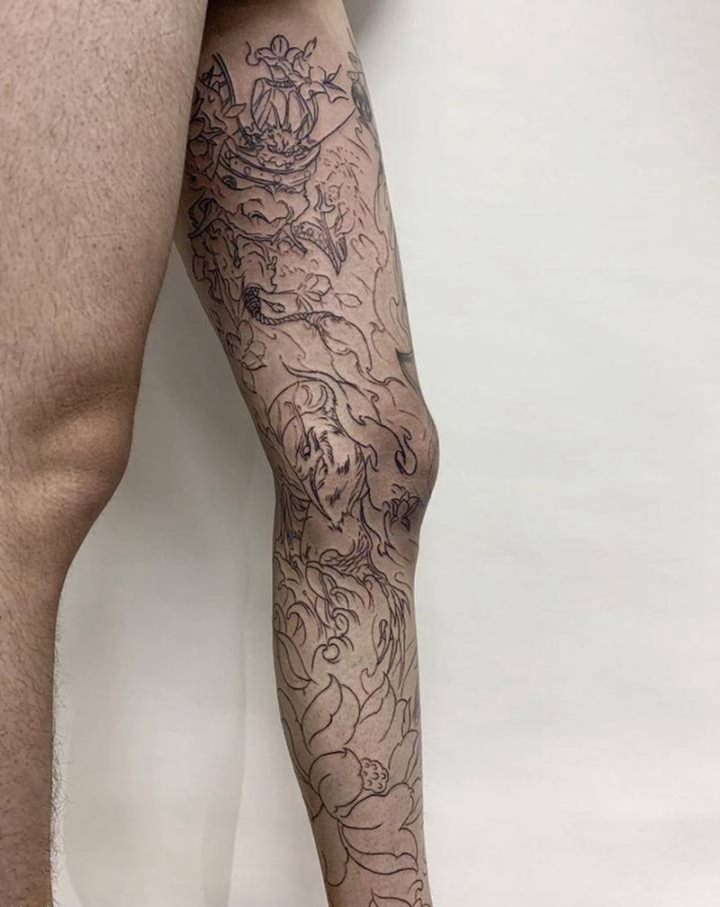 彩色包半腿线条部分纹身图片_新传统纹身图案