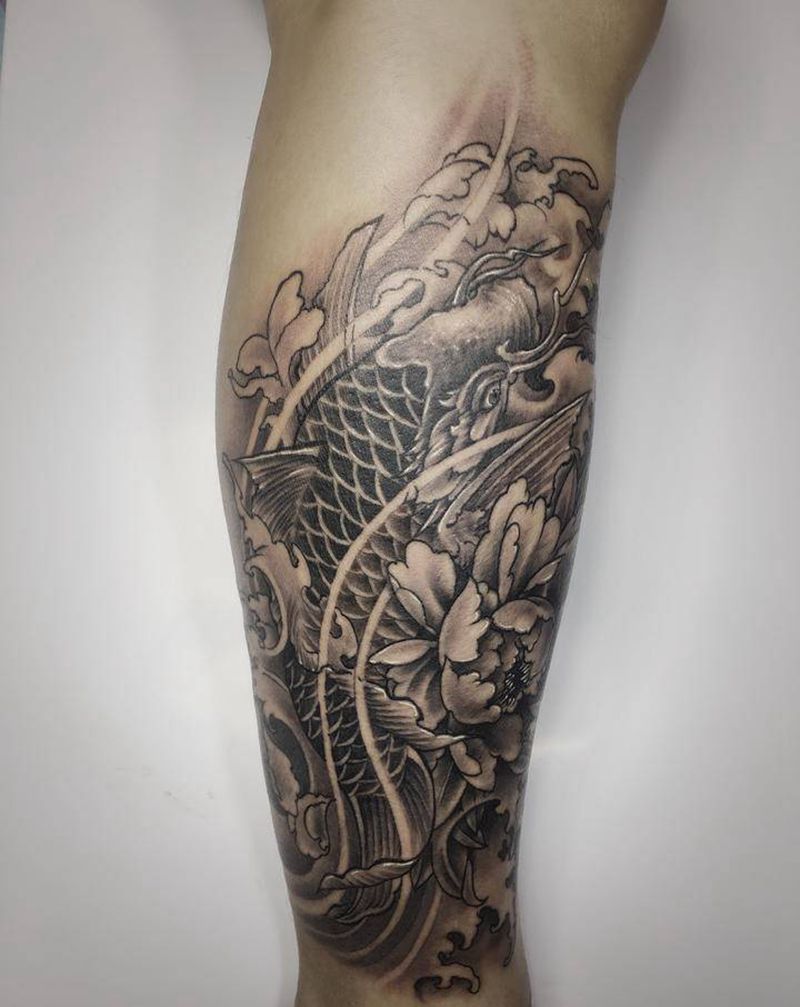 鱼纹身纹身图片_腿部新传统鱼小腿花腿纹身图案