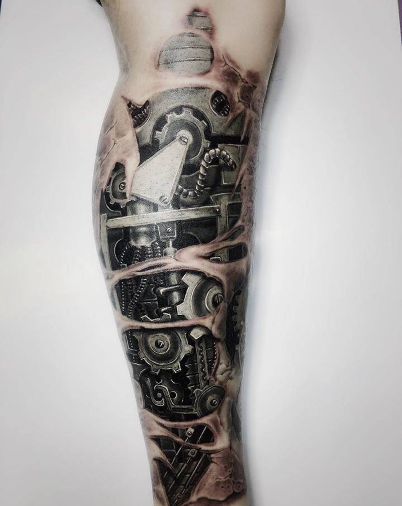 机械腿纹身图片_腿部欧美写实新传统机械腿小腿花腿纹身图案