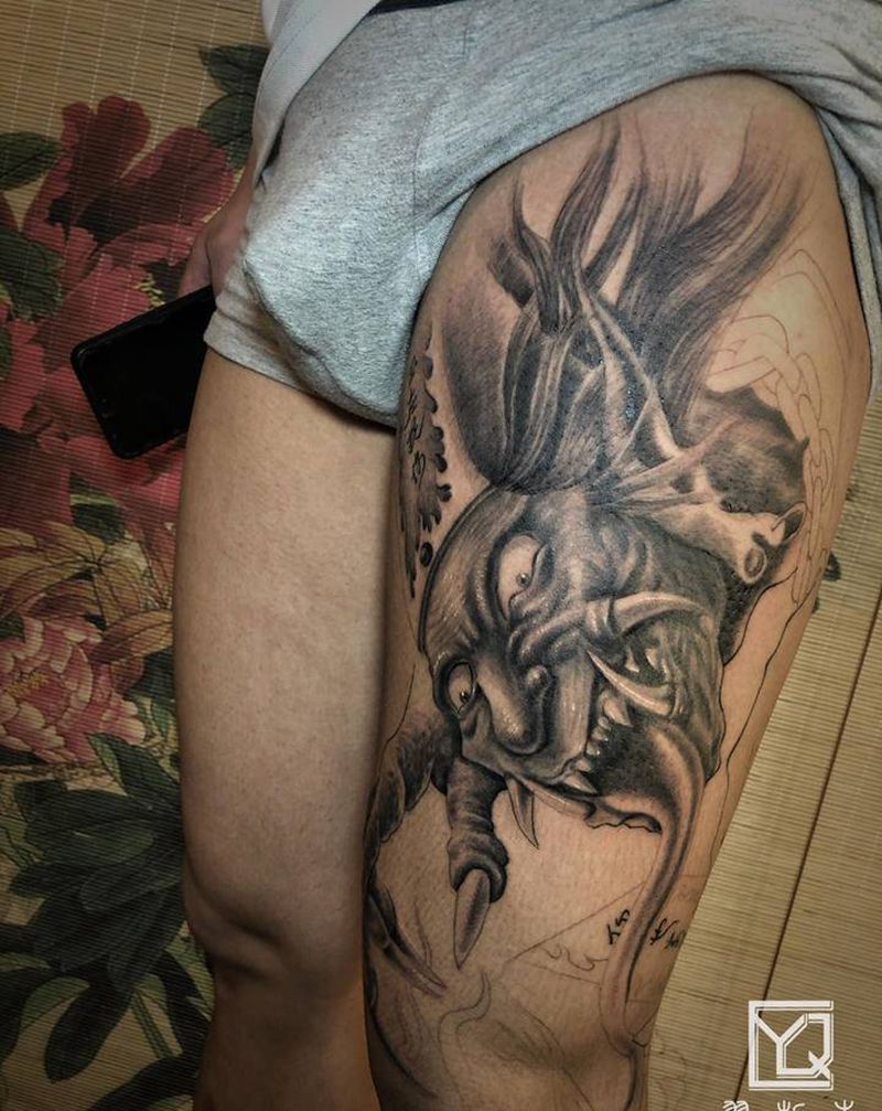 黑白无常纹身图片_腿部臀部新传统黑白无常花腿花臂纹身图案