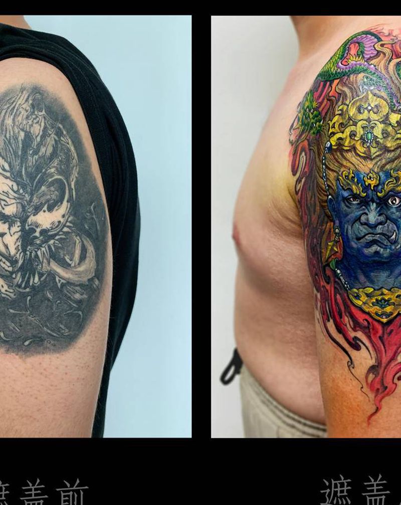 不动明王纹身图片_手臂新传统遮盖旧纹身图案