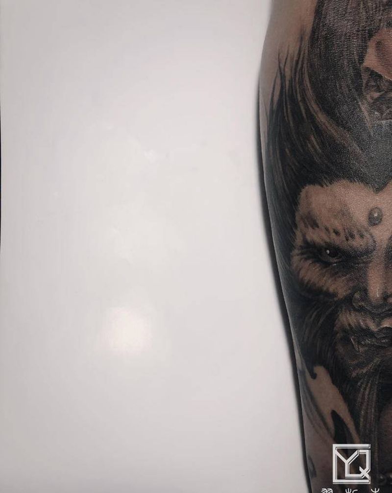 一念纹身图片_手臂手部新传统欧美写实一念之间观音佛与魔孙悟空斗战纹身图案