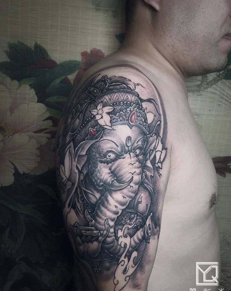 象神纹身图片_手部手臂新传统象神花臂纹身图案