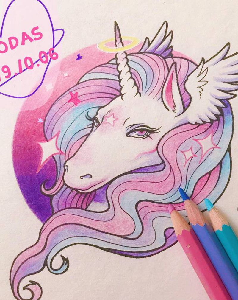 独角兽纹身图片_肩部手臂新传统New School独角兽可爱小清新纹身图案