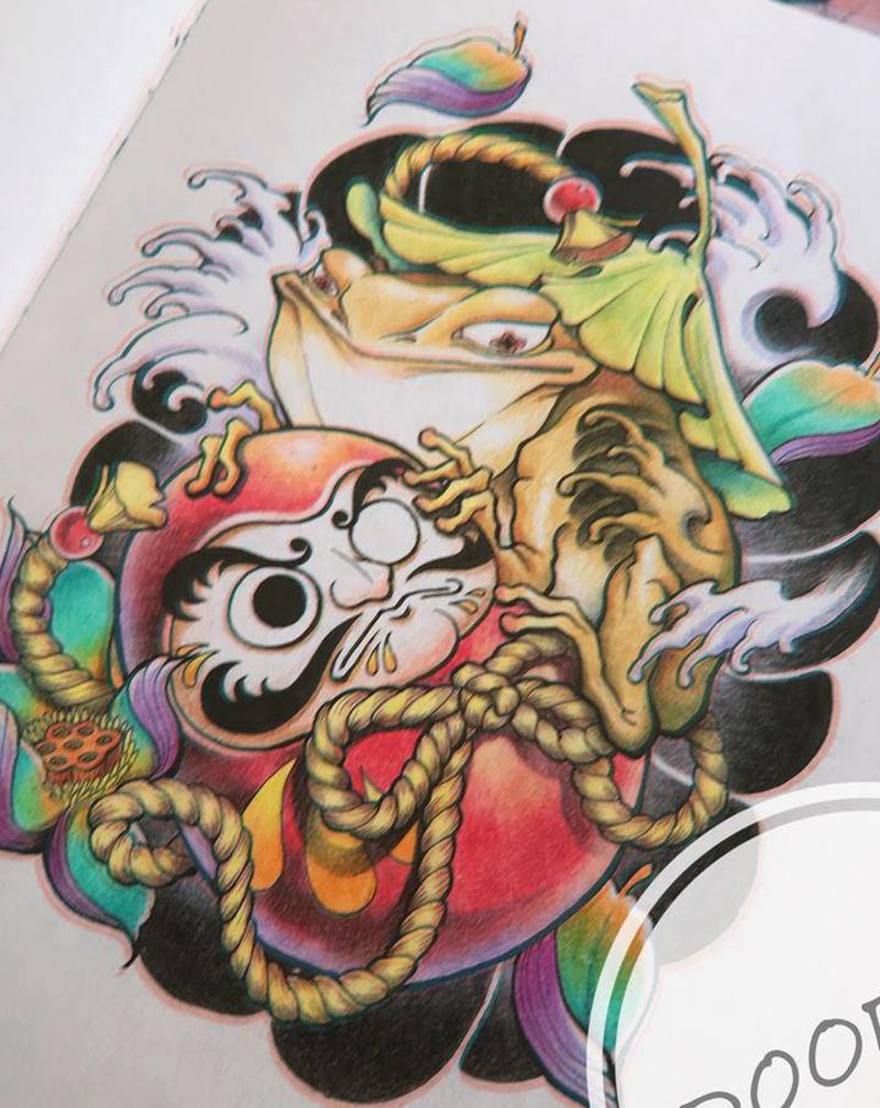 新传统达摩金蟾纹身图片_手臂腿部新传统达摩金蟾纹身图案