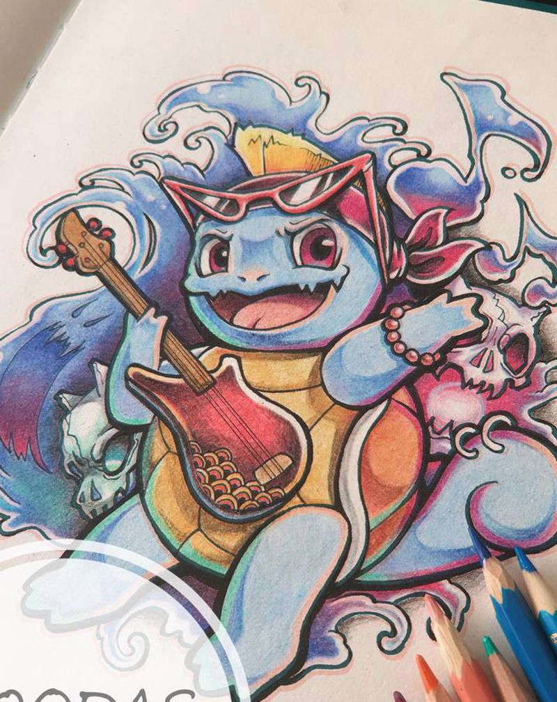 new shool神奇宝贝纹身图片_手臂腿部New School神奇宝贝可爱杰尼龟纹身图案