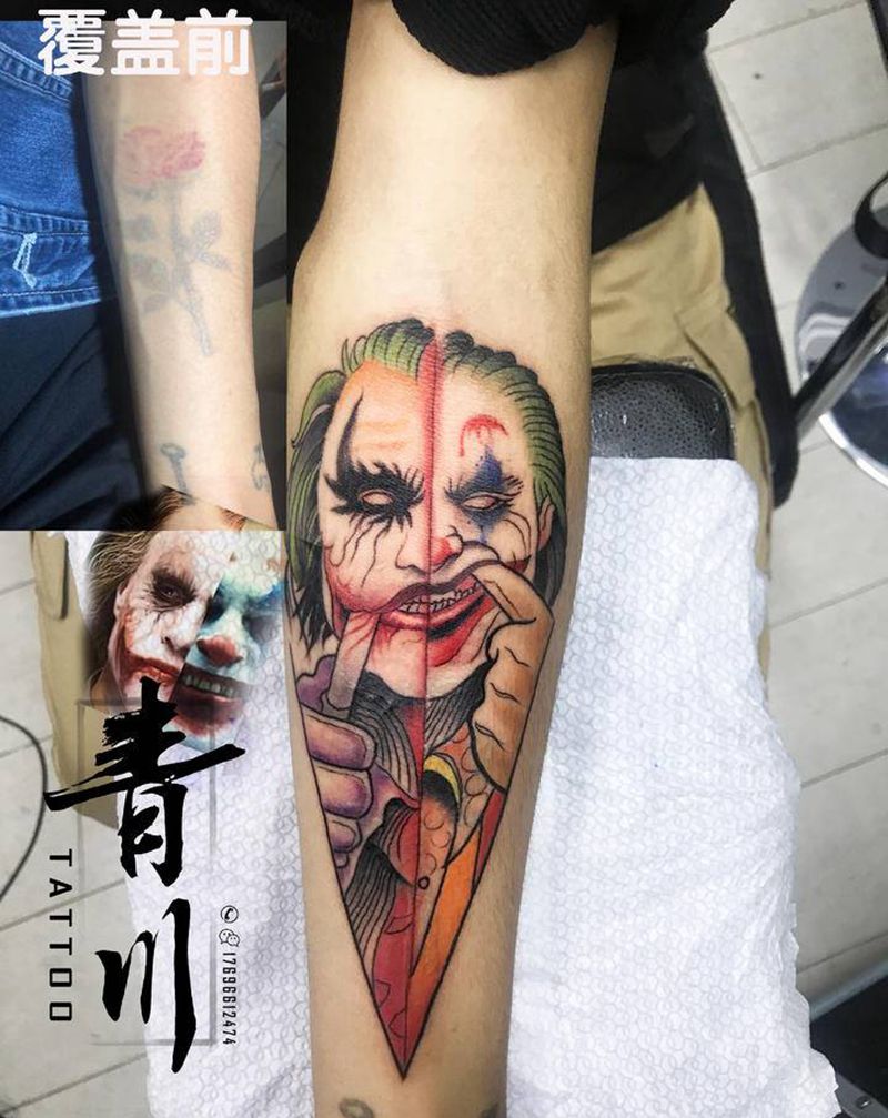 小丑纹身图片_手臂欧美写实水彩纹身图案