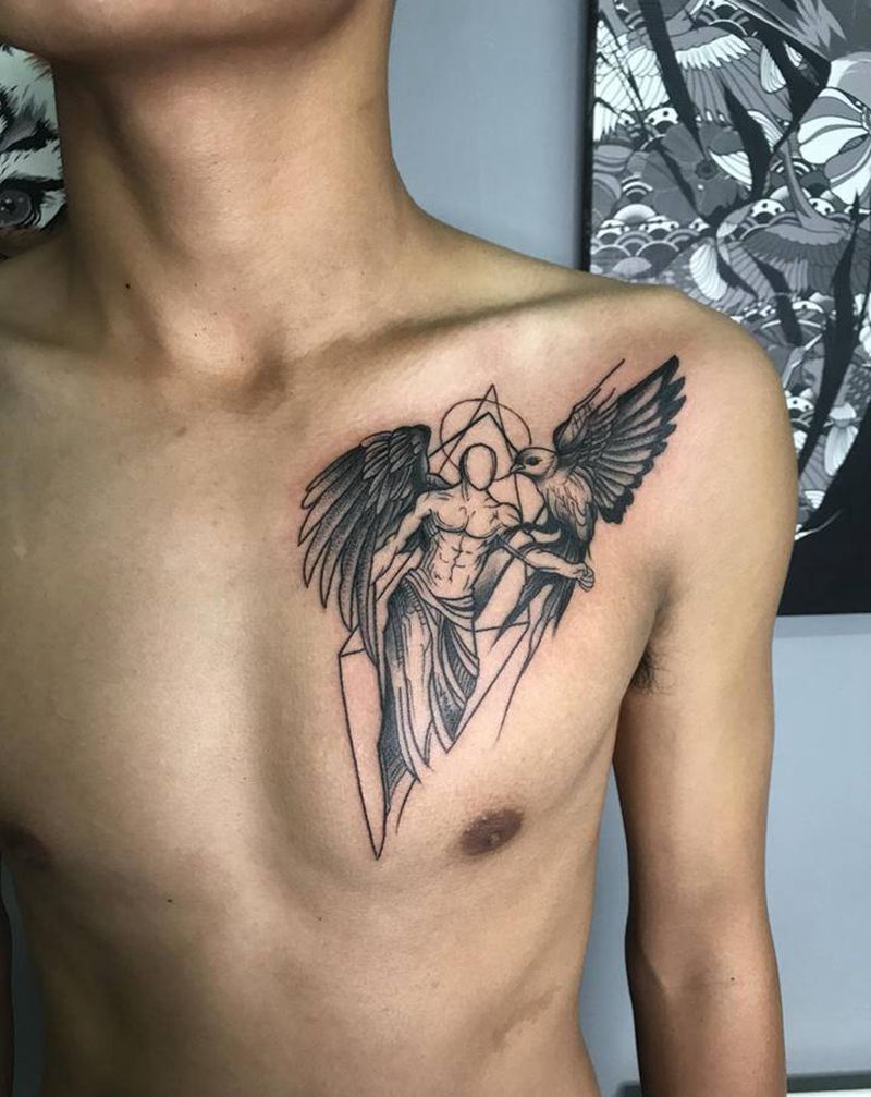 大天使纹身图片_胸部几何点刺纹身图案