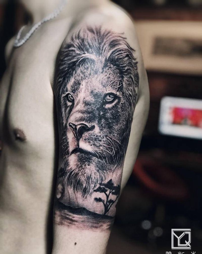 欧美写实狮子纹身图片_肩部手臂欧美写实狮子欧美写实沈阳店纹身图案