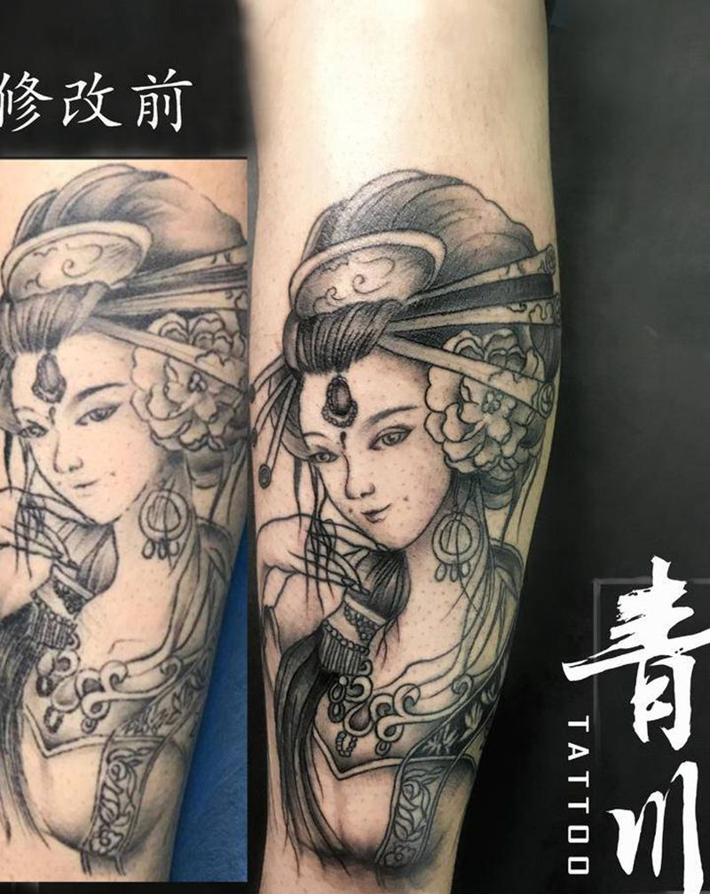 古代美女，翻新作品纹身图片_手臂新传统纹身图案
