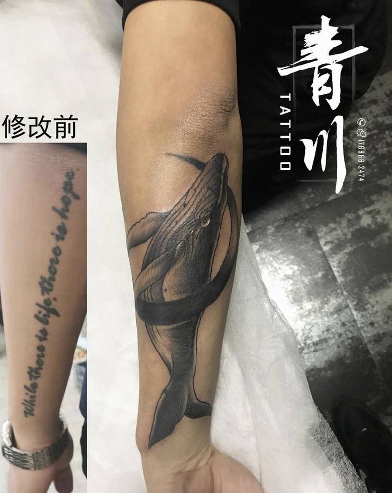 鲸鱼，覆盖纹身纹身图片_手臂欧美写实点刺纹身图案