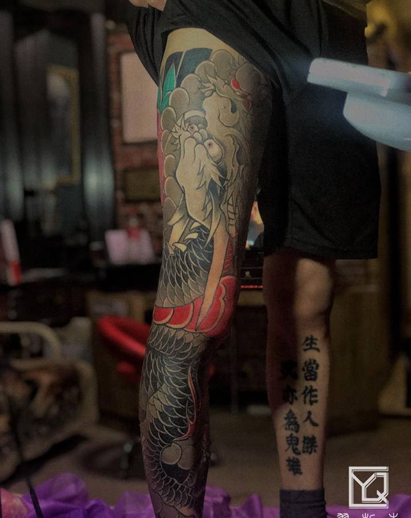 龙花腿纹身图片_脚部腿部老传统老传统龙花腿纹身图案