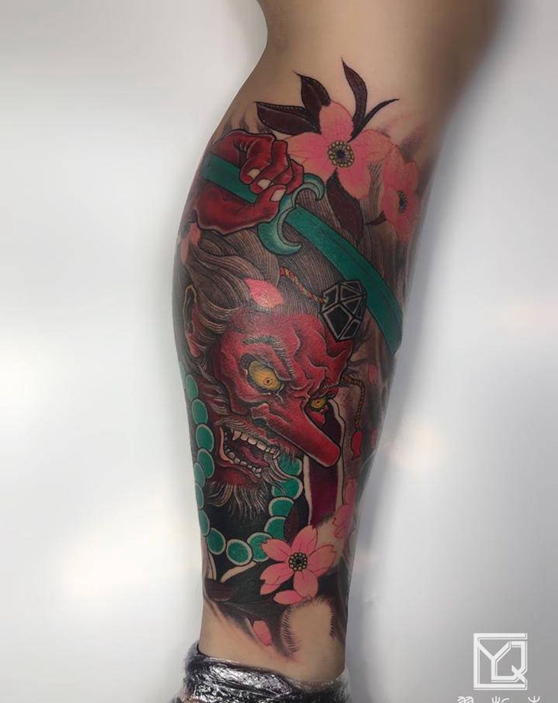 天狗纹身图片_腿部脚部老传统新传统天狗花腿传统纹身图案