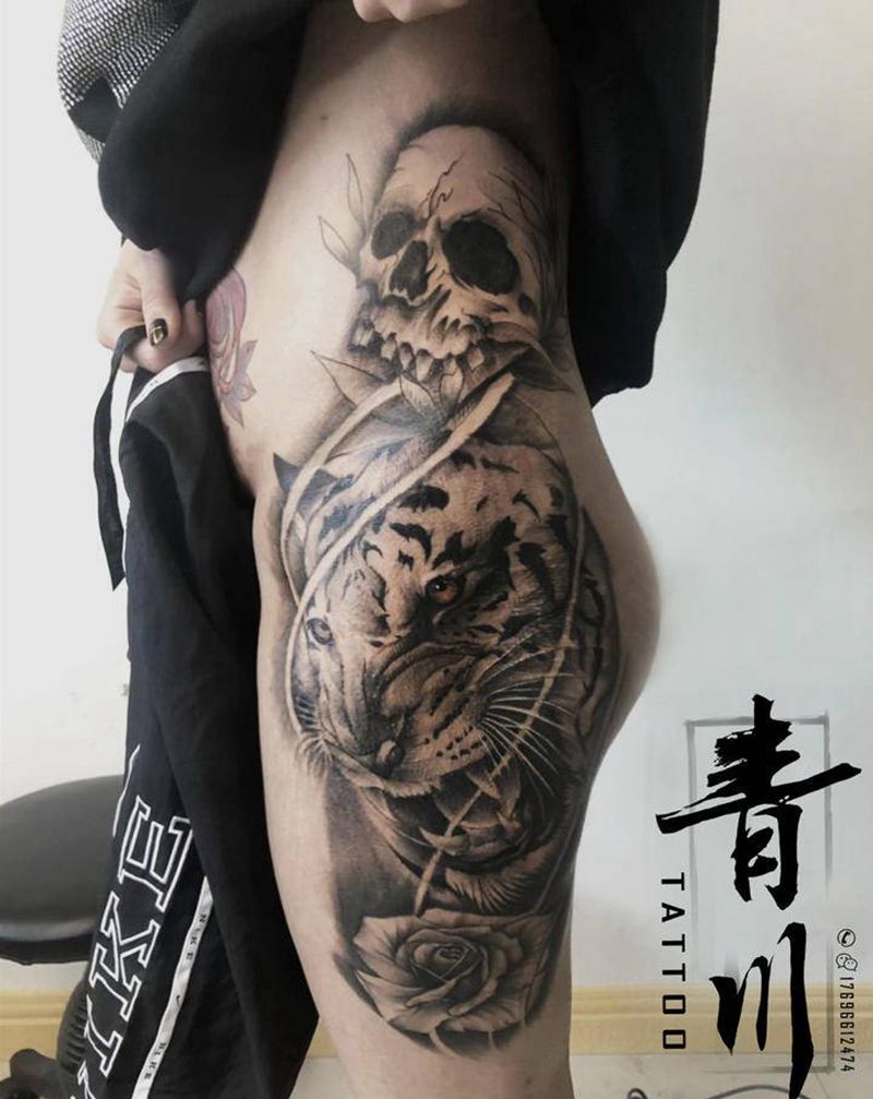老虎纹身纹身图片_腿部欧美写实老虎纹身图案