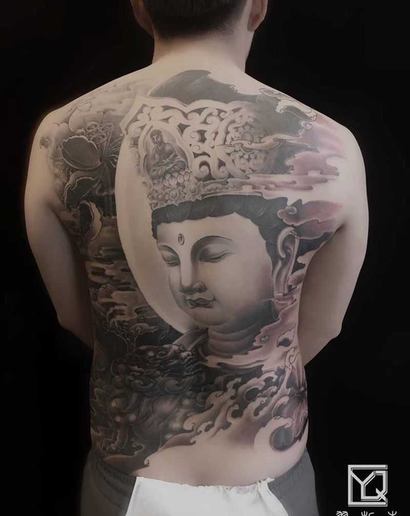 普贤菩萨纹身图片_肩部背部新传统老传统满背佛菩萨本命佛纹身图案