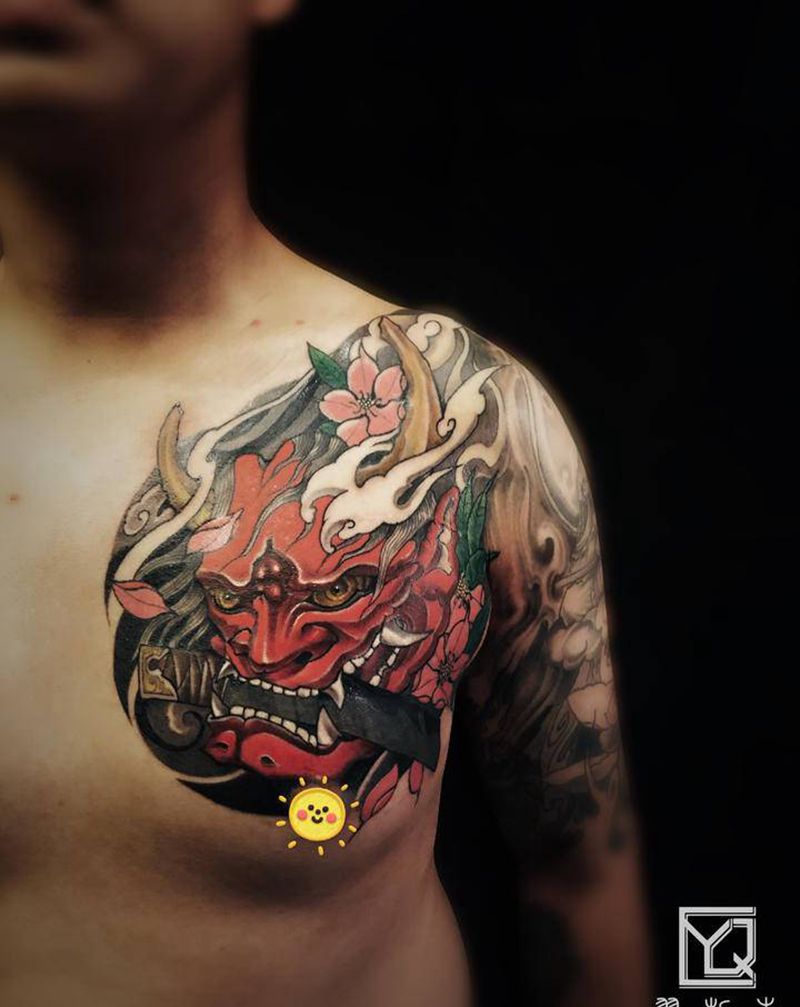 般若纹身图片_胸部颈部老传统新传统日式老传统般若半甲彩色纹身图案