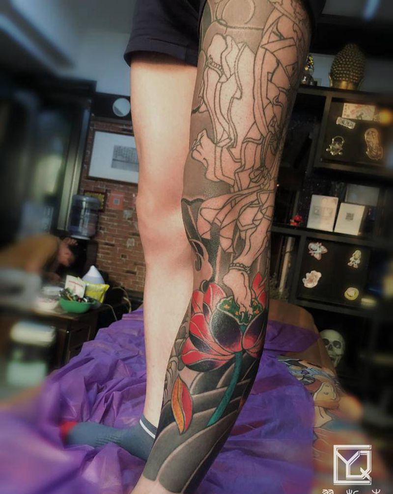 未完待续纹身图片_脚部腿部老传统新传统日式老传统花腿纹身图案