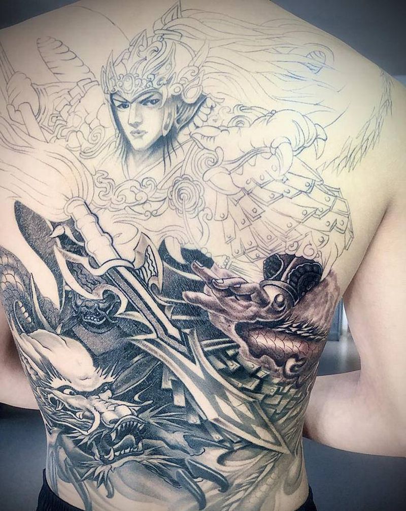 白马长枪赵子龙纹身图片_背部新传统纹身图案
