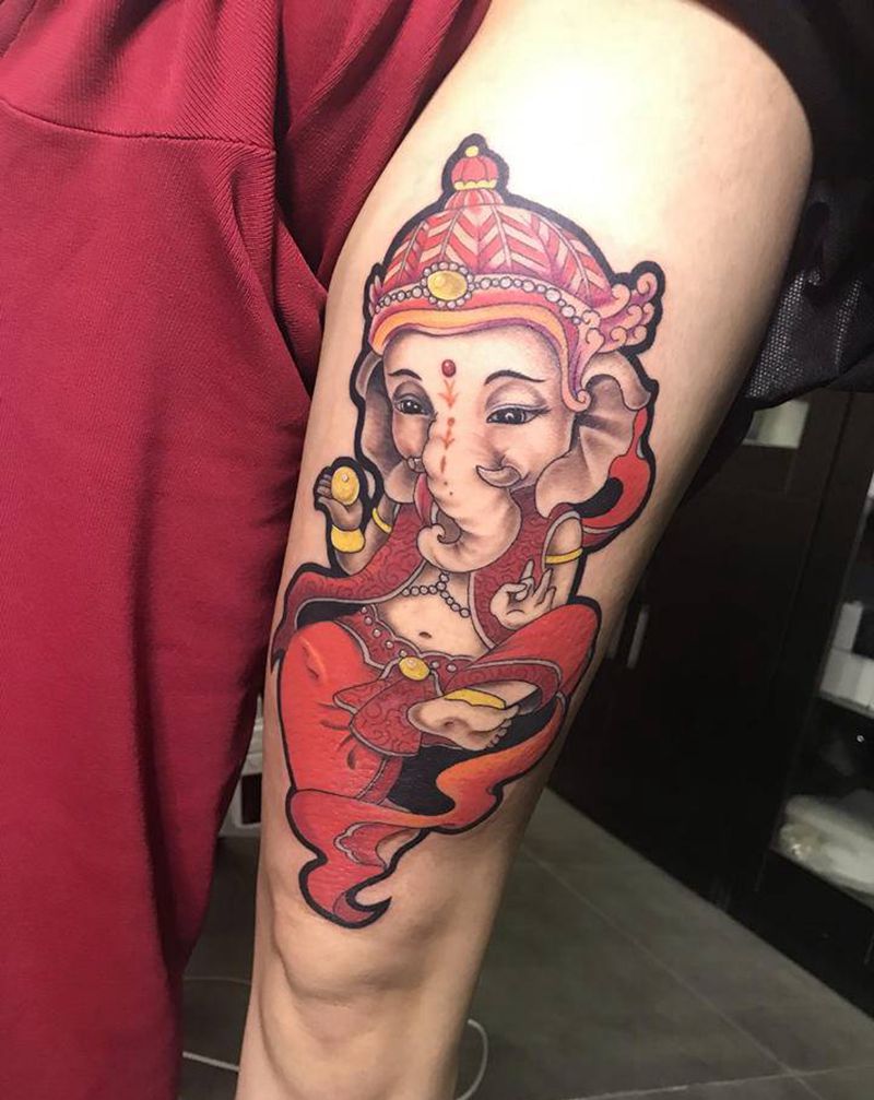 象神纹身图片_腿部New School纹身图案