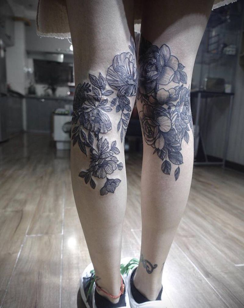 生长纹遮盖纹身图片_腿部素花纹身图案