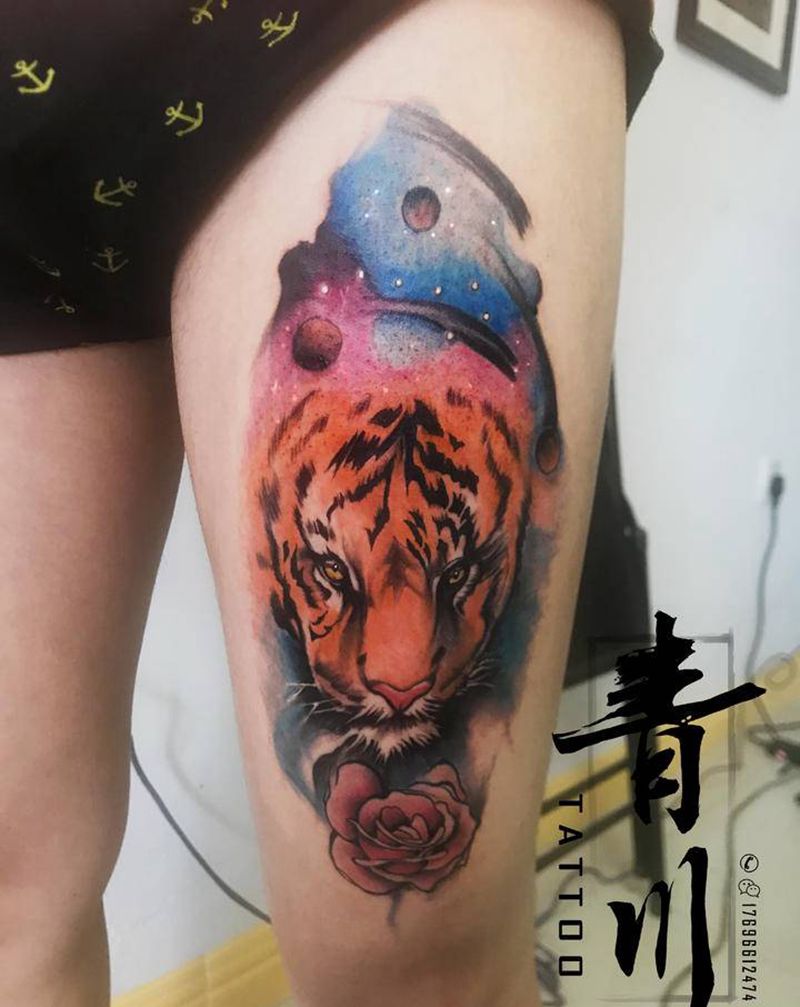 水彩老虎纹身图片_腿部水彩水墨纹身图案