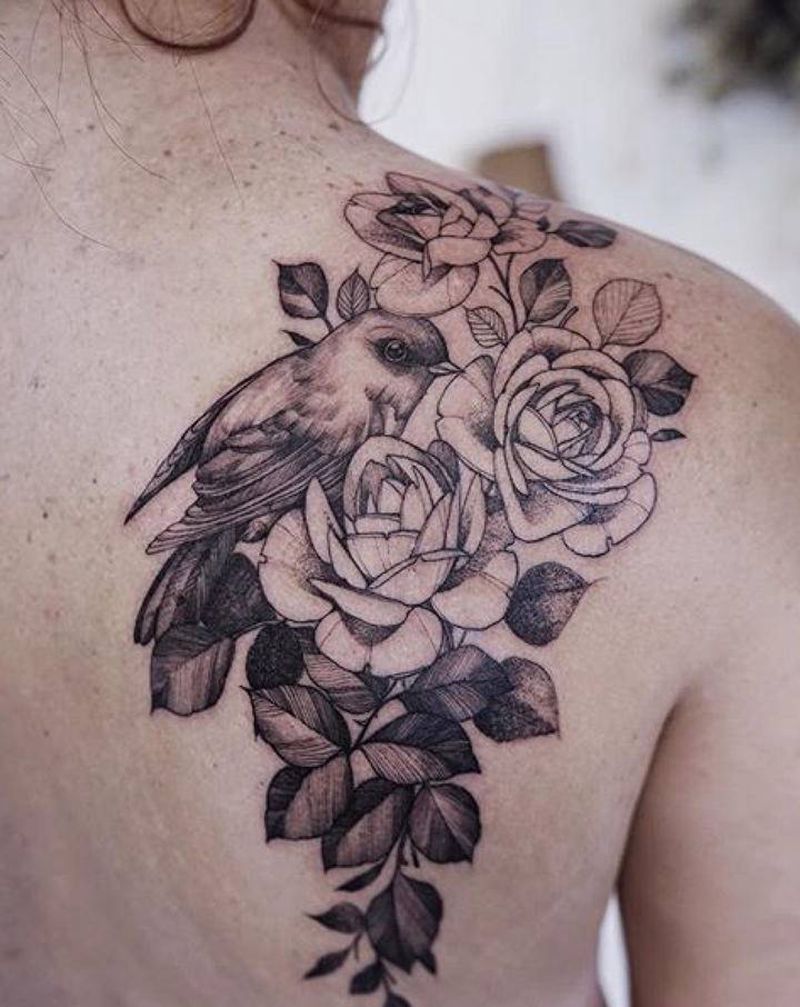 素花，小鸟纹身图片_背部点刺几何纹身图案