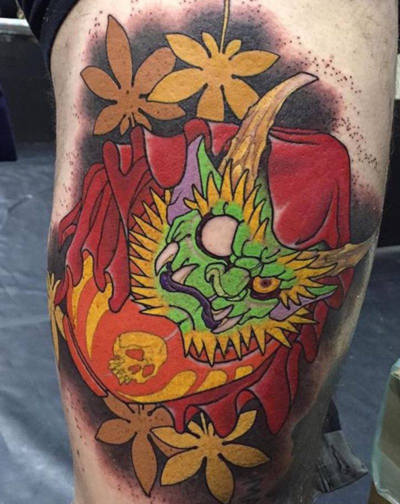 达摩蛋纹身图片_腿部新传统纹身图案