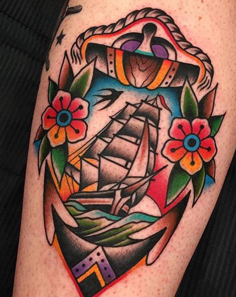 帆船纹身图片_腿部Old School纹身图案