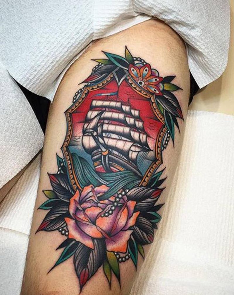 帆船玫瑰纹身图片_腿部Old School纹身图案