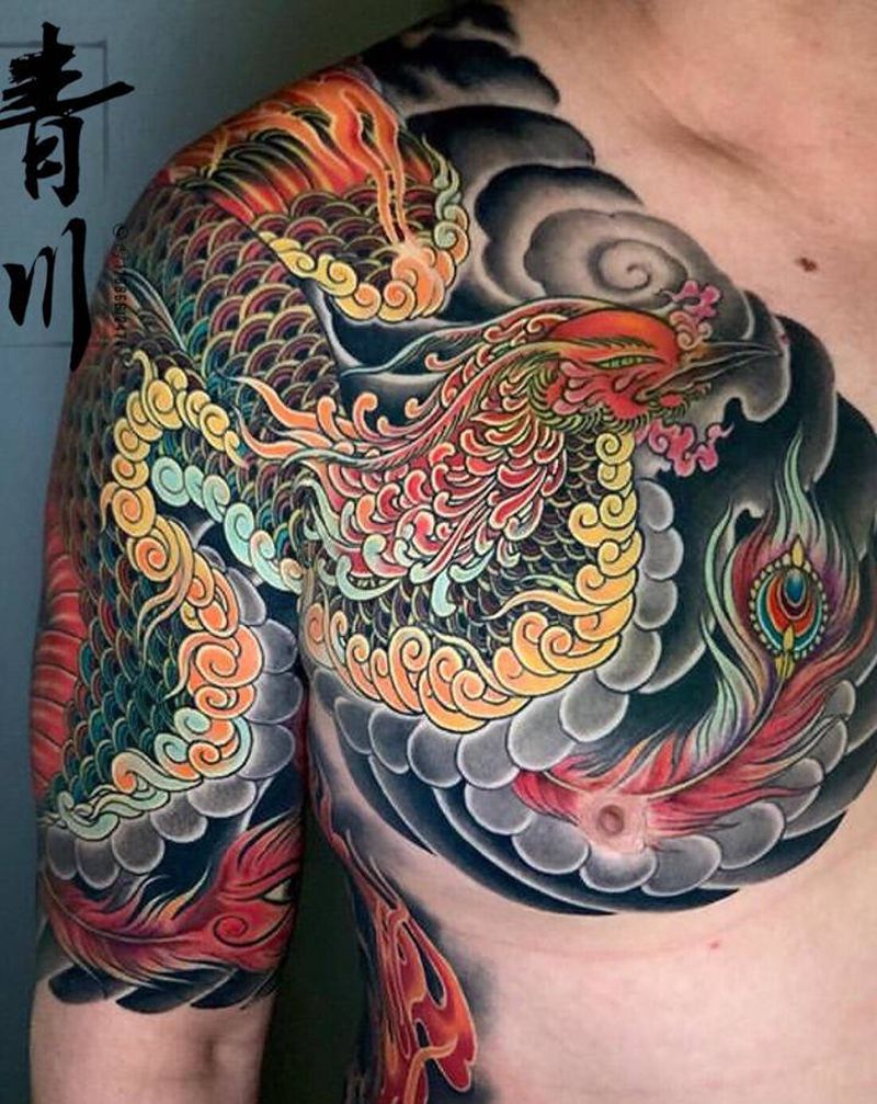 日式半甲，凤凰纹身图片_手臂胸部老传统新传统纹身图案