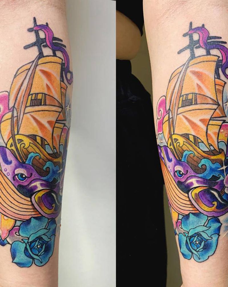 鲸鱼帆船纹身图片_手臂New School鲸鱼帆船纹身图案