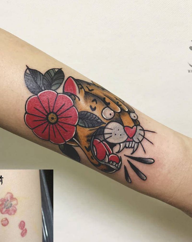 豹子头遮盖纹身图片_手臂Old School豹子花纹身图案