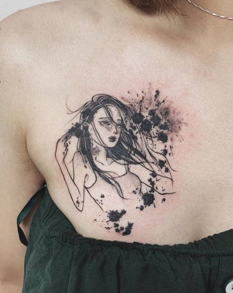 忧郁的女人纹身图片_胸部水墨女人纹身图案