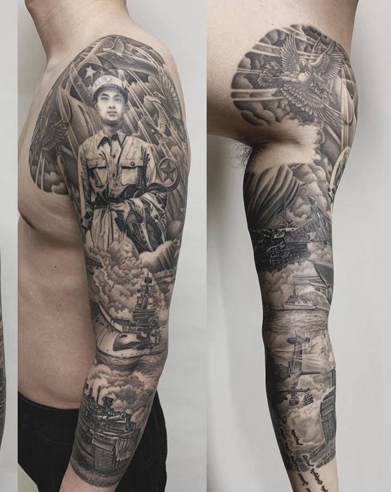 《父亲》纹身图片_手臂欧美写实飞机坦克军人纹身图案