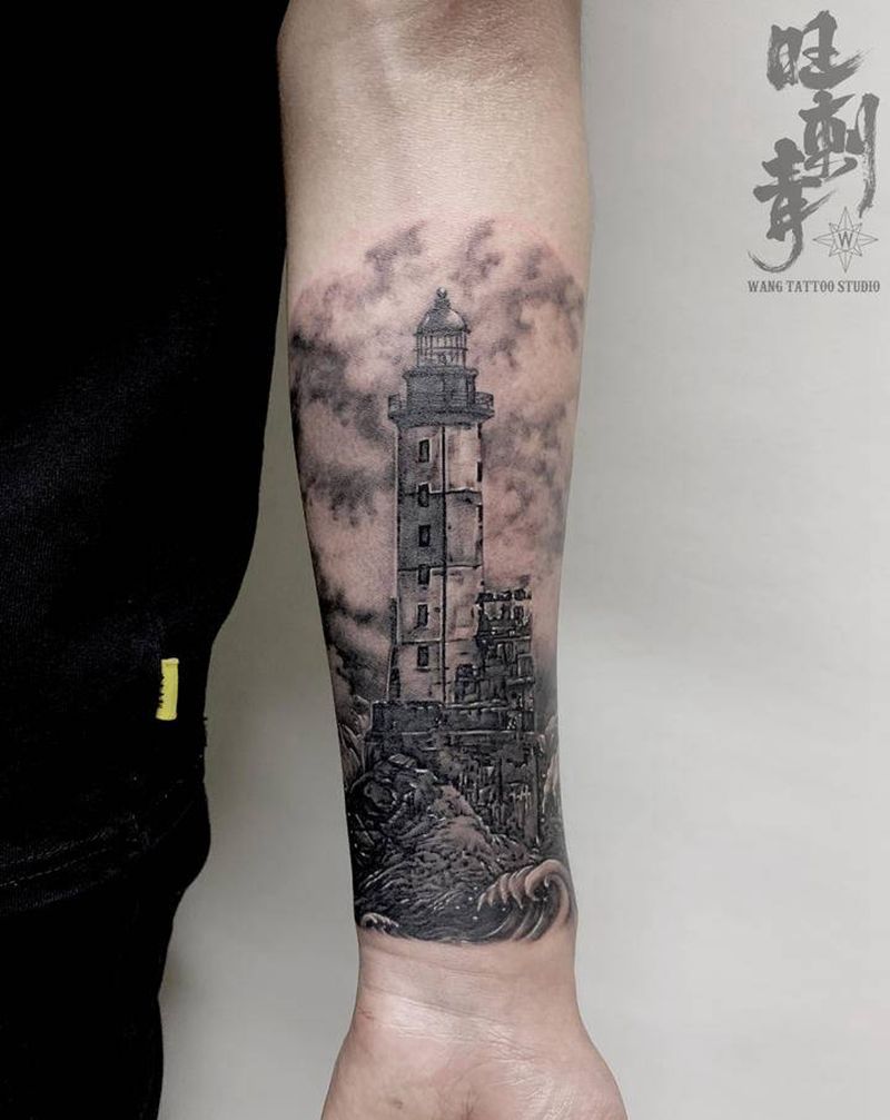 灯塔纹身图片_手臂欧美写实灯塔纹身图案