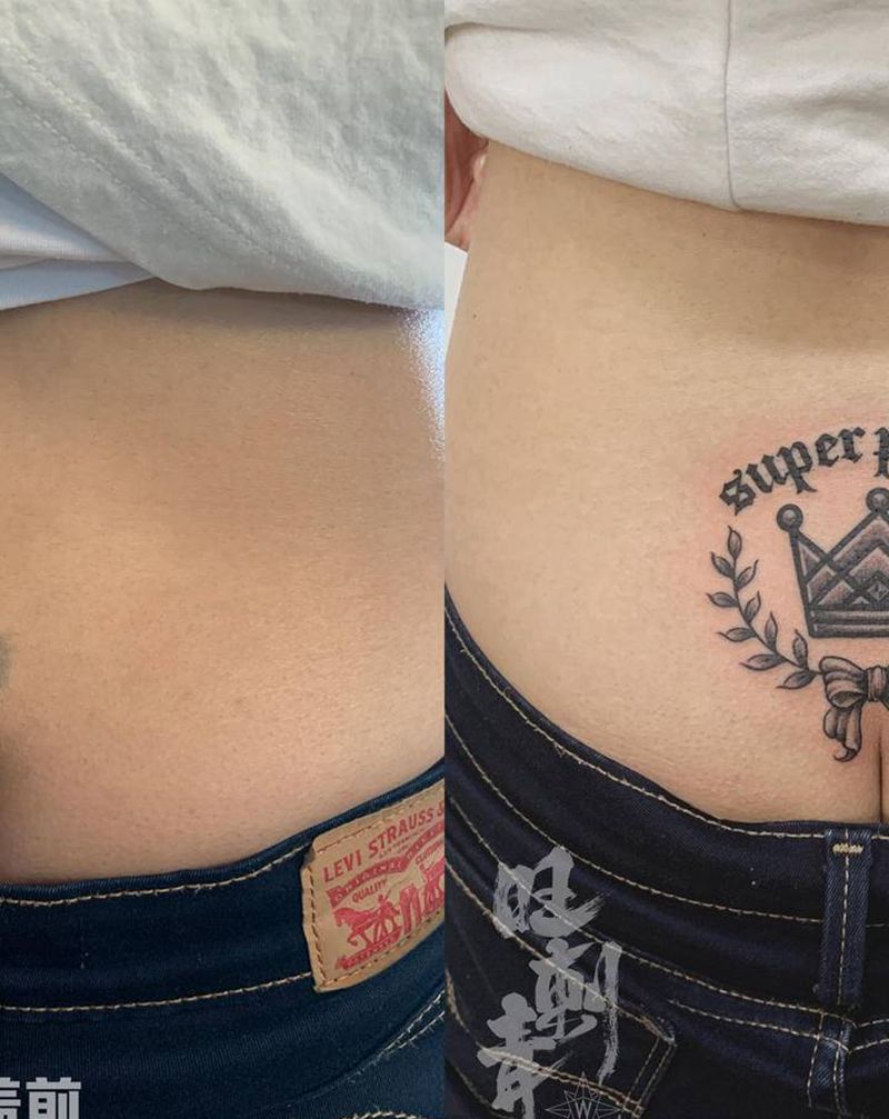 皇冠遮盖胎记纹身图片_臀部腰部欧美写实皇冠纹身图案