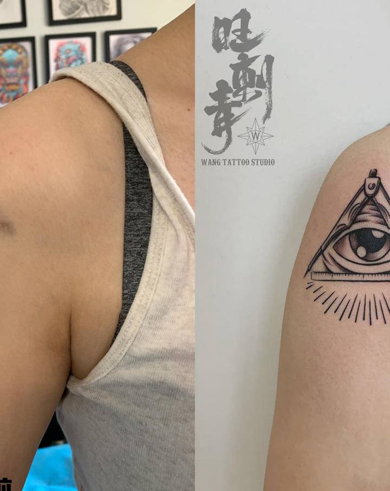 全视之眼遮盖胎记纹身图片_手臂肩部几何图腾上帝之眼全视之眼纹身图案