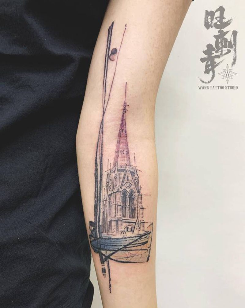 远航纹身图片_手臂水墨水彩船建筑纹身图案