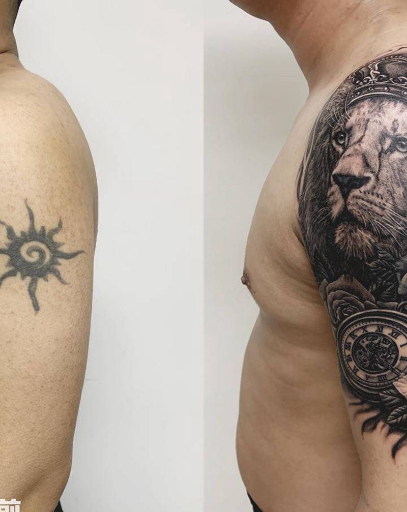 狮子王遮盖旧纹身纹身图片_手臂欧美写实狮子纹身图案