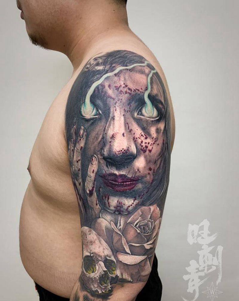 惊悚肖像纹身图片_手臂欧美写实惊悚肖像纹身图案