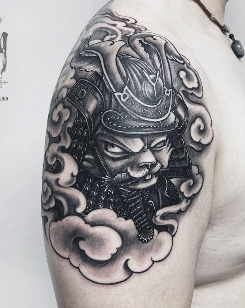 兔子武士纹身图片_肩部手臂新传统兔子纹身图案