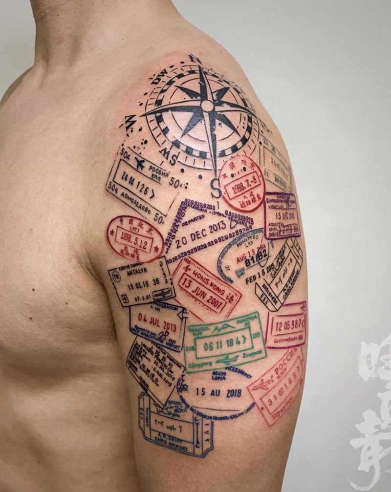 旅行家✈️纹身图片_手臂图腾水墨旅行签证纹身图案
