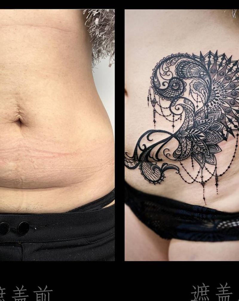 梵花遮盖疤痕纹身图片_腰部腹部图腾几何梵花纹身图案