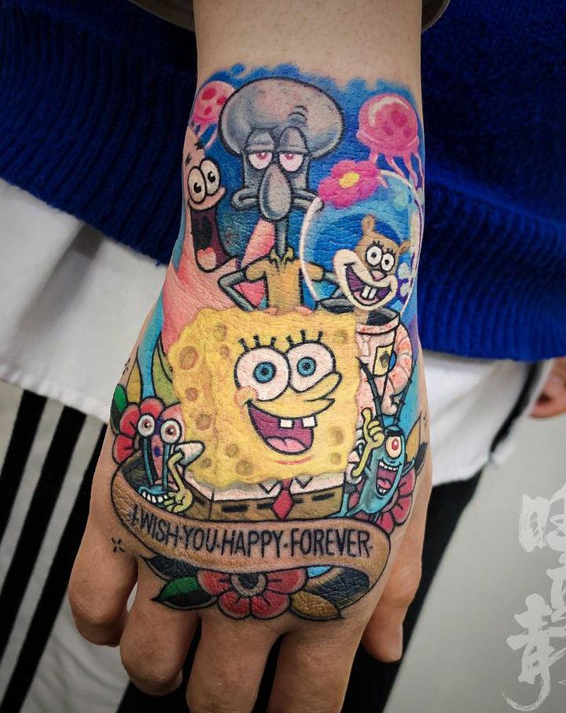 海绵宝宝纹身图片_手部New School欧美写实海绵宝宝纹身图案