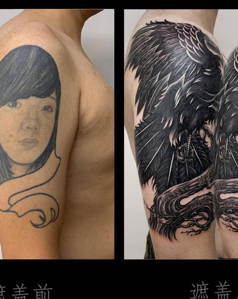 三足金乌纹身图片_手臂图腾欧美写实乌鸦纹身图案